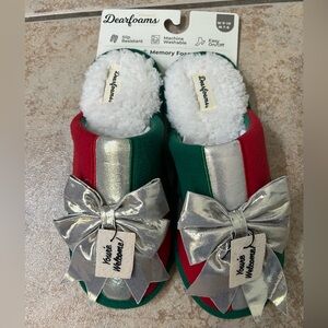 Dearfoams Red and Green Slippers with Silver Bow